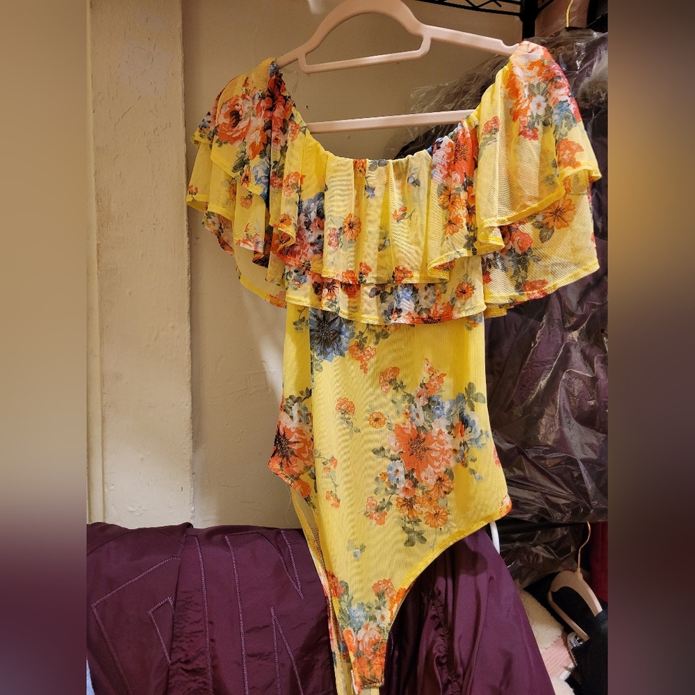 Floral Yellow Womens Tops bodysuit